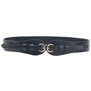Elegante cintura larga elastica nera da donna con doppie fibbie metalliche dorate.