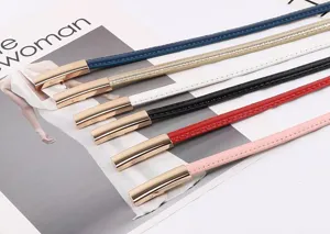Détail de ceinture fine avec lanières multicolores et élégants embouts en métal doré.