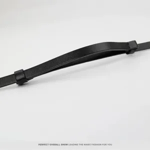 Black thin leather belt for women, adjustable stylish waist accessory for dresses and sweaters.