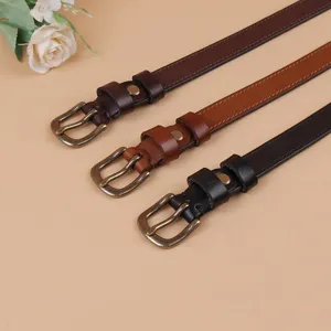 Women genuine leather thin belt retro pin buckle waist strap for dress jeans simple casual fashion