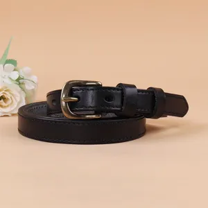 Black leather belt for women with vintage pin buckle, slim design, versatile for jeans.