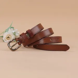 Vintage brown genuine leather women thin belt with metal pin buckle for dresses jeans.