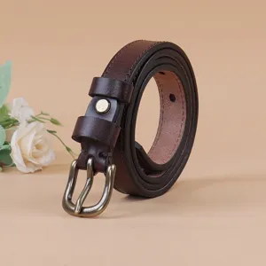 Women genuine leather retro pin buckle belt detail, dark brown slim waist strap for jeans.