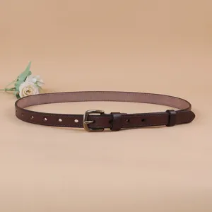 Women dark brown leather belt vintage pin buckle slim waist strap for jeans dresses