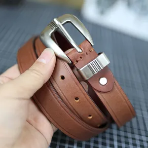 Γυναικεία καφέ δερμάτινη ζώνη casual με vintage μεταλλική αγκράφα για τζιν στυλ μόδας