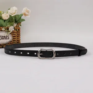 Black leather belt with antique silver pin buckle, vintage casual design for daily wear.