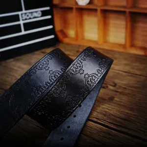 Retro genuine leather belt for men, stylish embossed pattern, perfect casual jeans accessory.