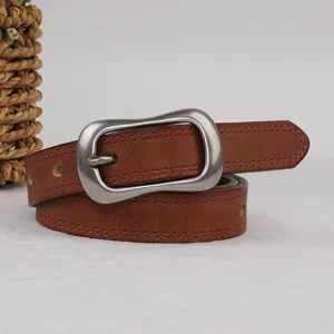 Vintage brown leather belt for women with classic silver metal pin buckle casual waist belt