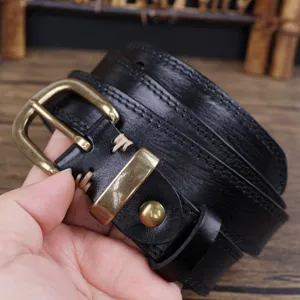 Women black leather belt vintage metal pin buckle casual jeans belt detail view fashion