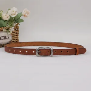 Vintage genuine leather belt with classic pin buckle, casual everyday trousers waist belt.