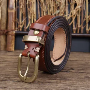 Classic brown genuine leather belt for women with retro metal buckle, minimalist design.