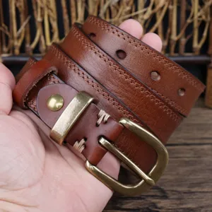 Women's genuine leather belt retro brown casual jeans belt with antique brass buckle detail