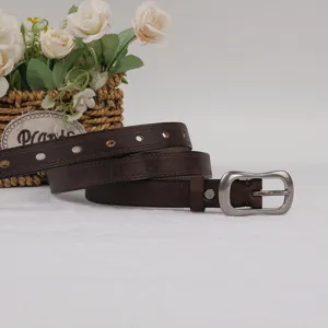 Detailed view of dark brown genuine leather belt with classic pin buckle for casual daily wear.
