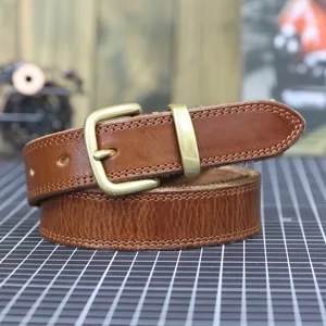 Brown genuine leather belt for women, retro minimalist style with vintage metal pin buckle.