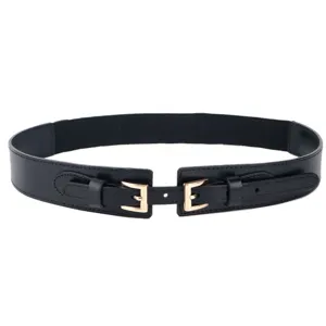 Brede zwarte elastische damestriem met stijlvolle gouden dubbele gespen voor jurken.