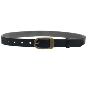 Women genuine leather belt with antique brass pin buckle, black cowhide strap for jeans.