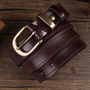 Women genuine leather belt retro brown top-layer cowhide metal buckle jeans accessory new