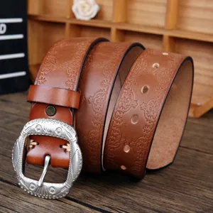 Retro vintage men genuine leather belt with ornate metal pin buckle and embossed floral pattern casual.