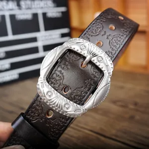Retro genuine leather belt for men with ornate metal pin buckle, detailed close-up view.