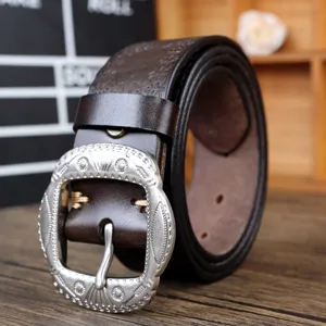 Retro genuine leather belt for men with vintage carved metal pin buckle casual pants