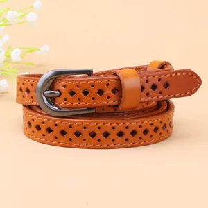 Detailed view of women's brown genuine leather hollow belt with classic metal buckle, stylish.