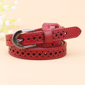 Women red leather belt with geometric hollow out design, slender waist accessory dress jeans.
