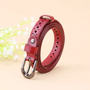 Women genuine leather red belt hollow out fashion strap for casual dress decorative waist belt