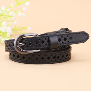Detailed view of women's black leather hollow out slim belt, stylish waist accessory.