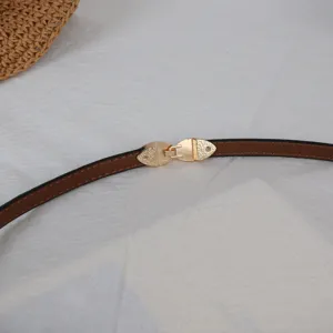 Chic brown thin waist belt featuring a delicate gold interlocking metal clasp for women.