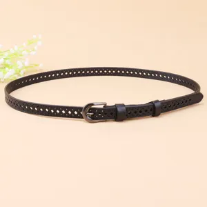 Women black hollow thin leather belt for dress and jeans stylish accessory detail