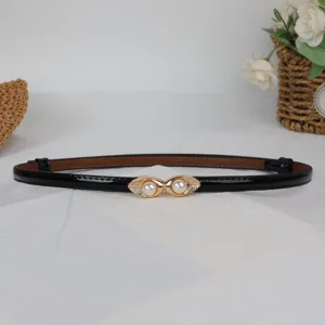 Womens sweet pearl buckle thin belt elegant dress decorative waist band fashion accessory