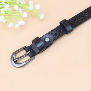 Black thin leather belt with hollow diamond pattern and metallic buckle for women dresses