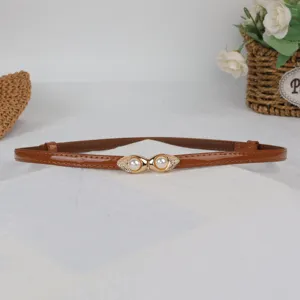 Brown patent leather thin belt with elegant pearl metal buckle, sweet dress decorative waist belt.