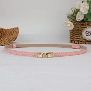 Pink thin waist belt with gold pearl clasp for women dress sweater decoration stylish accessory