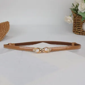 Sweet pearl interlocking buckle thin brown belt for women dress fashion chic accessory