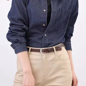 Women's genuine leather belt hollowed out thin waist belt for jeans dresses versatile brown