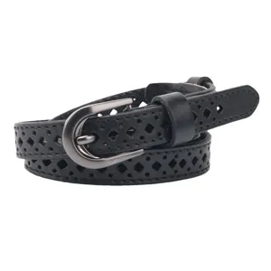 Women's genuine leather thin belt with hollow out design, casual dress and jeans waist belt.