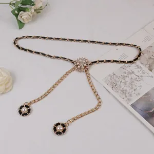Women pearl waist chain chic metal leather woven belt dress decorative accessory