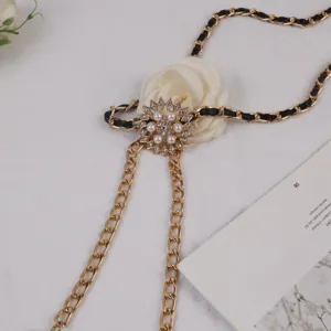 Elegant women waist chain with camellia pearl rhinestone and interwoven leather gold chain for dress.
