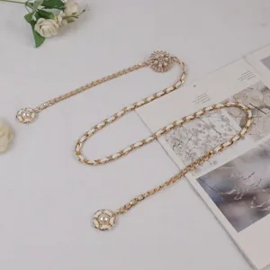 Women elegant waist chain gold metal white leather pearl flower dress belt accessory