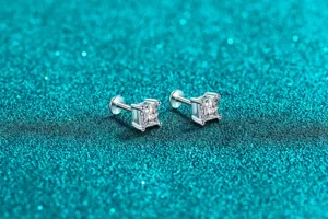 Close-up view of square-cut Moissanite stud earrings in S925 sterling silver setting.