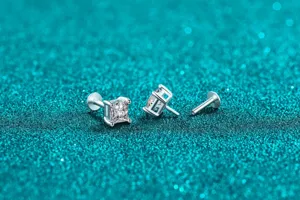 Detailed macro view of square moissanite stud earrings with secure internal screw back