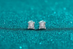 Detailed view of square cut moissanite stud earrings in S925 sterling silver