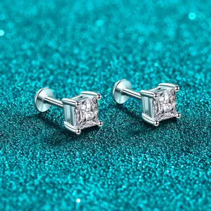 Luxury 925 Sterling Silver Square Moissanite Stud Earrings For Women 1.2ct Princess Cut Zirconia Internal Thread Screw Back Labret Earrings Jewelry Gift