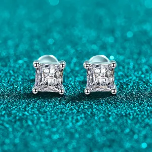 Elegant S925 sterling silver square moissanite stud earrings with a secure screw back