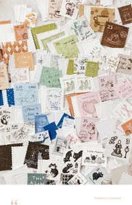 Lot de stickers timbres vintage vue détaillée, papeterie décorative en papier texturé.