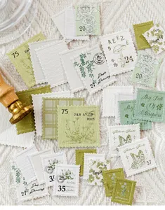 Pack d'autocollants timbre-poste vintage, matériel de scrapbooking floral vert.