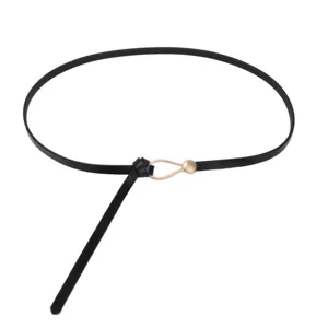 Stylish thin black leather belt with gold teardrop buckle for dresses and jeans everyday wear
