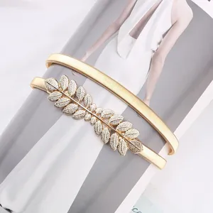 Gold metal leaf elastic waist belt elegant dress accessory fashion decorative waist chain for women