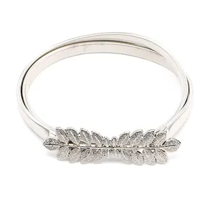 Women silver metal elastic waist chain with leaf buckle fashion dress sweater belt accessory